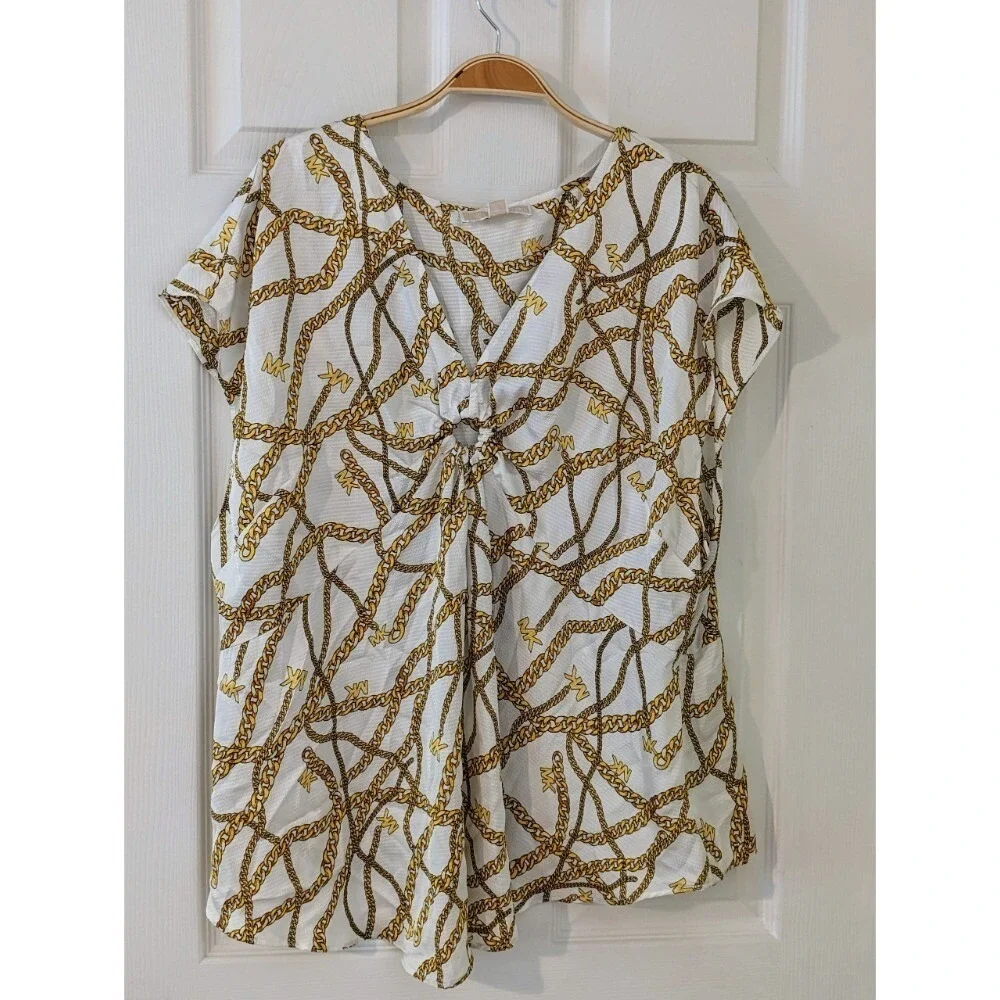 Michael Kors Chain Print Top Blouse Keyhole Neck Short Sleeve‎ White 1X